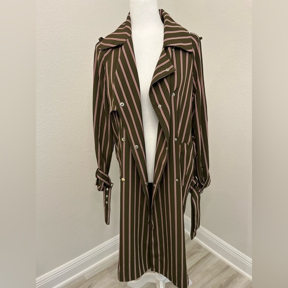 FRNCH Brown/Khaki trench coat/dress with Red& White stripes Size S/M - Picture 2 of 9